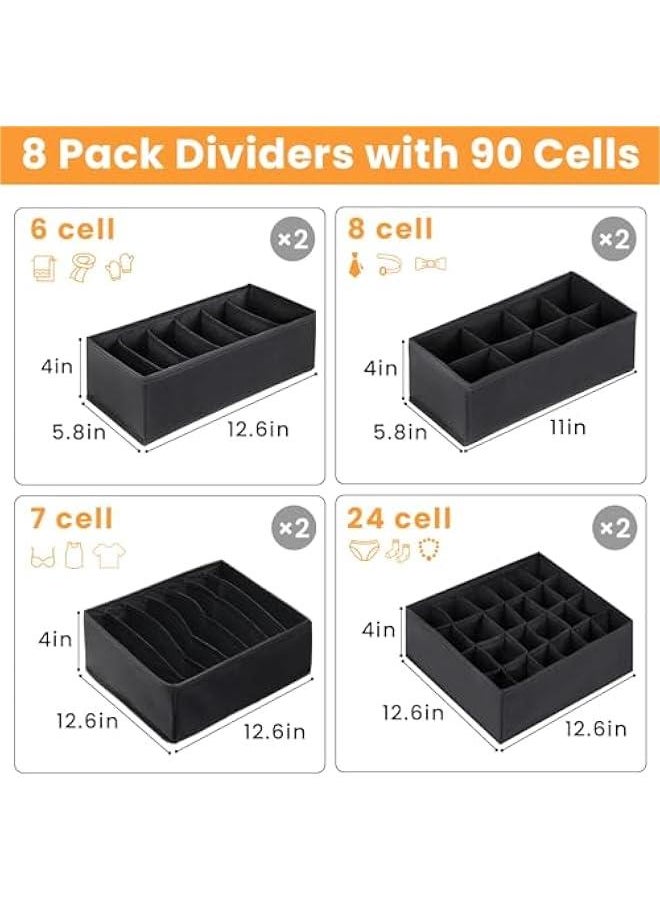 HOOKOR 8 Packs Drawer Organizers for Clothing with 90 Cells Fabric Foldable Grids Dividers Box for Socks,Underwear, Bras and Ties (Black)  - Image 2