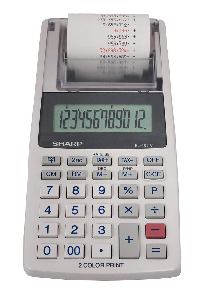 SHARP Sharp EL-1611V Handheld Portable Cordless 12 Digit Large LCD Display Two-Color Printing Calculator with Tax Functions, 191 x 99 x 42 mm  - Image 1
