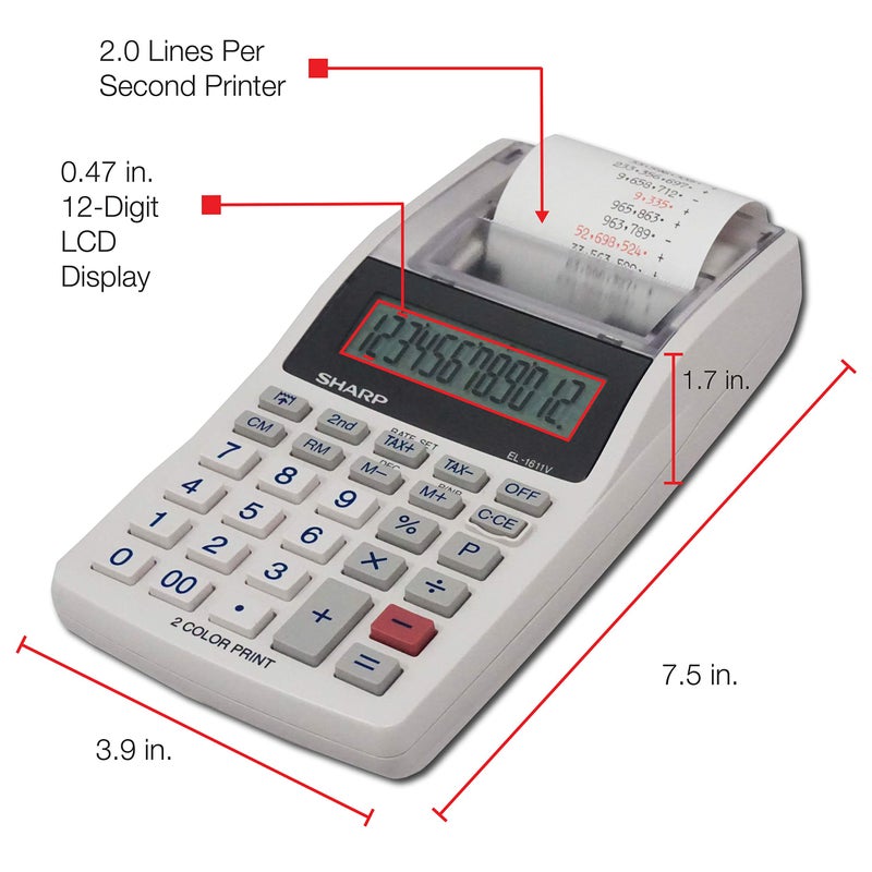 SHARP Sharp EL-1611V Handheld Portable Cordless 12 Digit Large LCD Display Two-Color Printing Calculator with Tax Functions, 191 x 99 x 42 mm  - Image 4