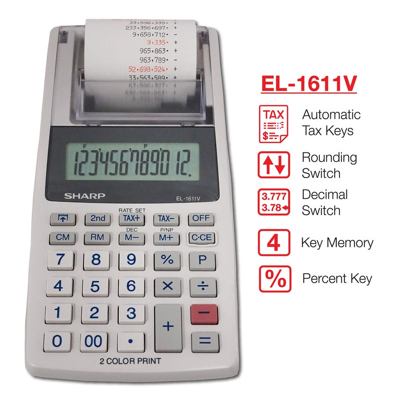 SHARP Sharp EL-1611V Handheld Portable Cordless 12 Digit Large LCD Display Two-Color Printing Calculator with Tax Functions, 191 x 99 x 42 mm  - Image 3
