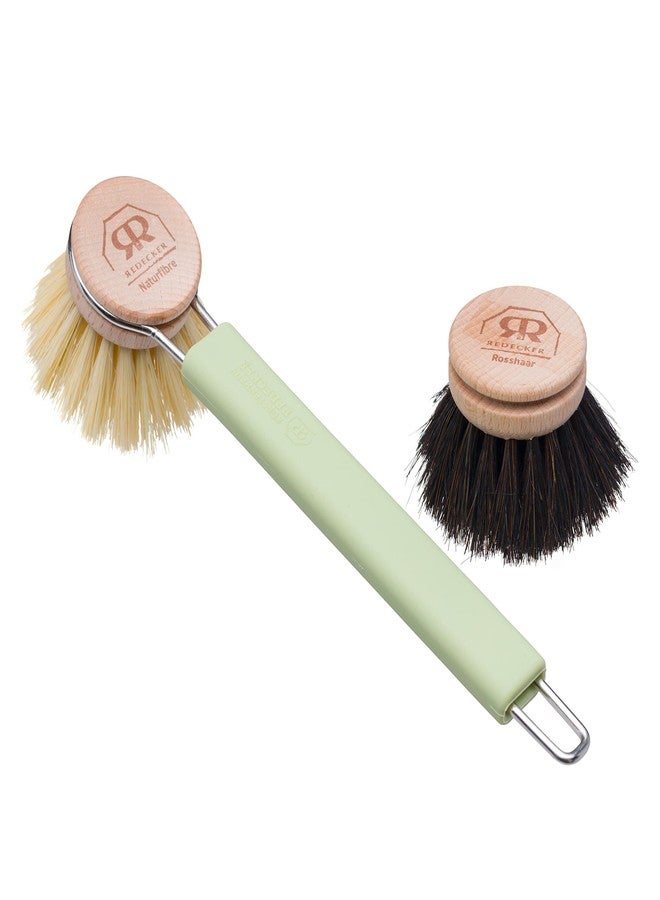 Redecker Silicone Dish Brush Bundle, Includes Interchangeable Natural Horsehair and Tampico Fiber Brush Heads, Sustainable Silicone and Stainless Steel Handle with Hanging Loop, Reed - Image 1