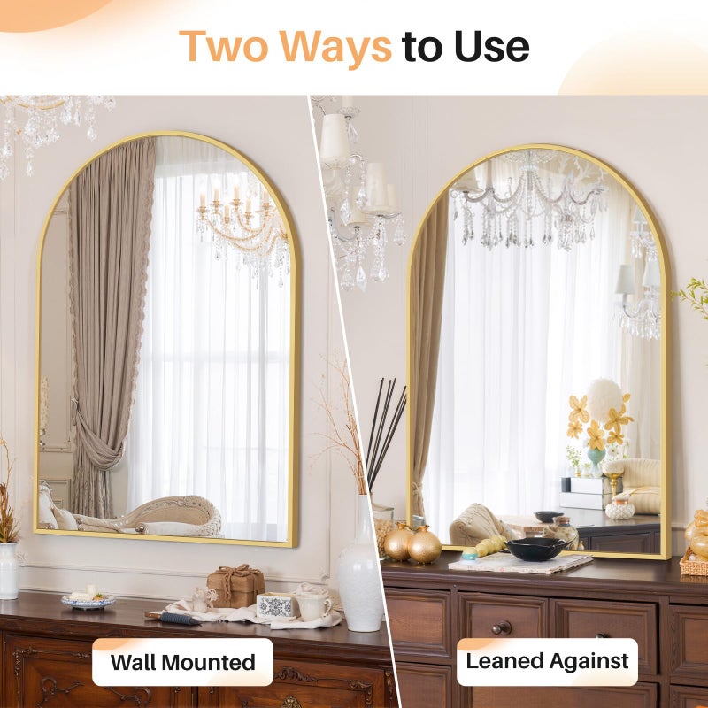 Atilioo Bathroom Mirror for Wall, 38x26 Inch Arched Mirror, Matte Gold Metal Framed Bathroom Vanity Mirror for Restroom Farmhouse, Anti-Rust, Tempered Glass, Hanging or Leaning - Image 3