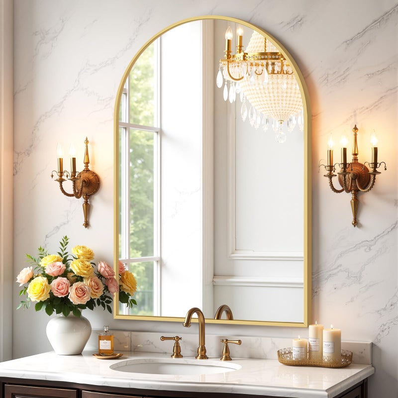 Atilioo Bathroom Mirror for Wall, 38x26 Inch Arched Mirror, Matte Gold Metal Framed Bathroom Vanity Mirror for Restroom Farmhouse, Anti-Rust, Tempered Glass, Hanging or Leaning - Image 1
