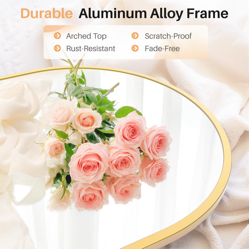 Atilioo Bathroom Mirror for Wall, 38x26 Inch Arched Mirror, Matte Gold Metal Framed Bathroom Vanity Mirror for Restroom Farmhouse, Anti-Rust, Tempered Glass, Hanging or Leaning - Image 2