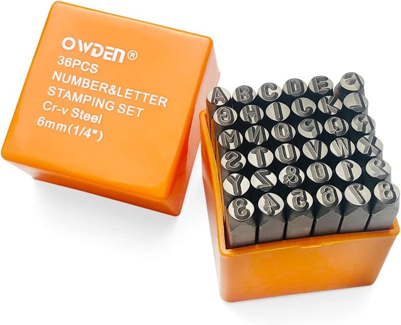 OWDEN Professional 36Pcs. Steel Metal Stamp Set,(1/4”) 6mm,Steel Number and Letter Punch Set,Alloy Steel Made HRC 58-62 for Jewelry Craft Stamping. - Image 1