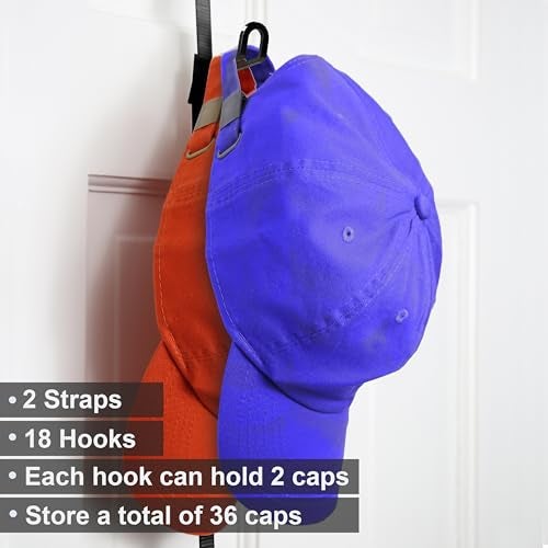 Perfect Curve CapRack | Over-The-Door Hat Organizer for Baseball Caps | 2 Straps, Holds 18-36 Adjustable Caps | Black - Image 4