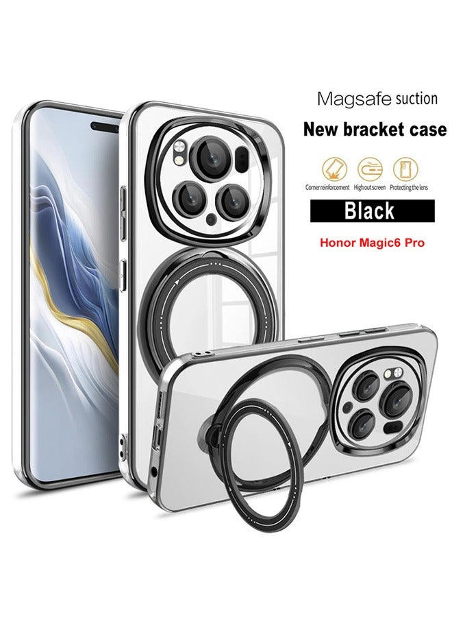 Case for Honor Magic 6 Pro 5G with Magnetic Ring Stand, Compatible with Mag-safe, High Quality Drop, Shockproof Hard Luxury Phone Cases with Camera Lens Protector Phone Cover (Black)  - Image 1
