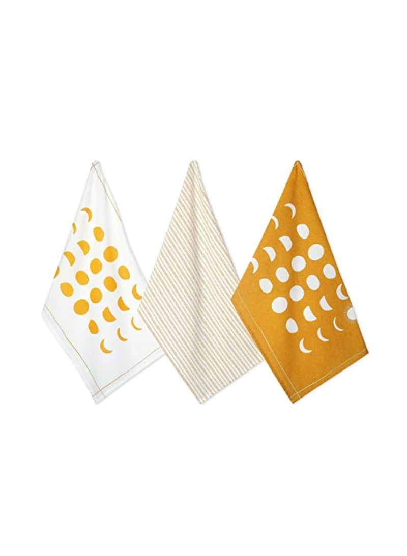 Folkulture Folkulture 18" x 28" Set of 3 Kitchen Towel, Tea Towel or Dish Towel for Drying Dish, 100% Cotton Dishcloth or Hand Towel Farmhouse Dcor, Absorbent, Phases of Moon - Mustard  - Image 1