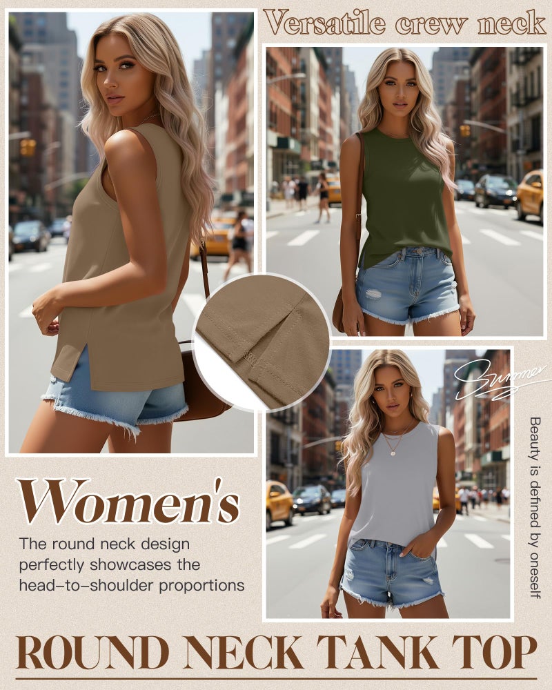 Ficerd 4 Pack Women's Sleeveless Tops, Casual Summer Loose Fit T Shirts Solid Color Tunic Tank Tops Ladies' Crew Neck(Black, Army Green, Coffee, Light Gray,Medium) - Image 3