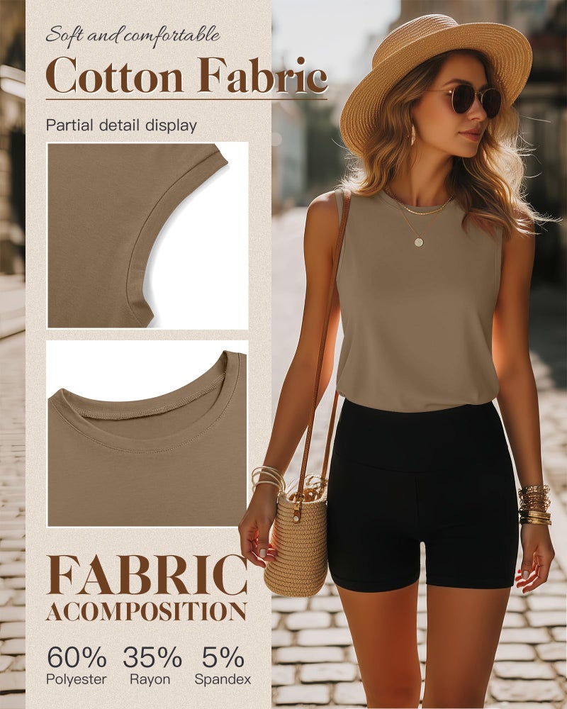 Ficerd 4 Pack Women's Sleeveless Tops, Casual Summer Loose Fit T Shirts Solid Color Tunic Tank Tops Ladies' Crew Neck(Black, Army Green, Coffee, Light Gray,Medium) - Image 4