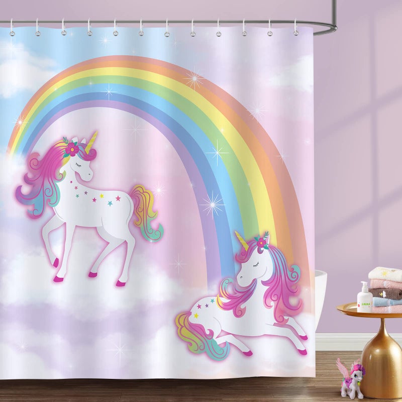 Bonhause Bonhause Unicorn Shower Curtain for Kids Girls Rainbow Pink Purple Decorative Bath Curtain 72 x 72 Inch Polyester Fabric Waterproof Bathroom Curtain with 12 Hooks