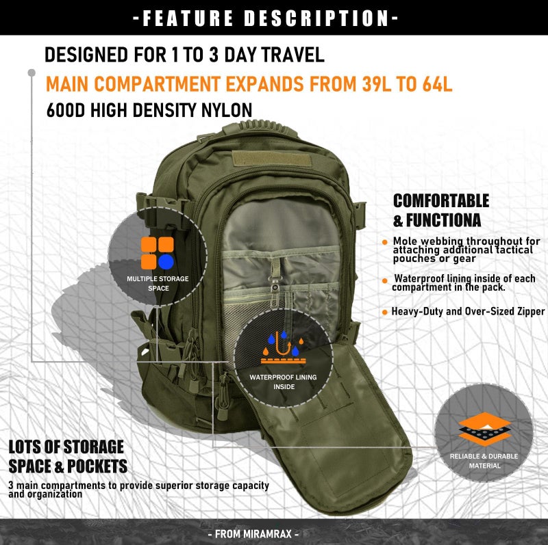 Miramrax Tactical Backpack Military Hiking Daypack - Molle Backpack for Men 3 Day Assault Pack Bug Out Bag for Camping Travel Army Hunting Gym Rucksack Survival (Green) - Image 3