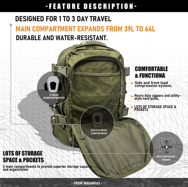 Miramrax Tactical Backpack Military Hiking Daypack - Molle Backpack for Men 3 Day Assault Pack Bug Out Bag for Camping Travel Army Hunting Gym Rucksack Survival (Green) - Image 4