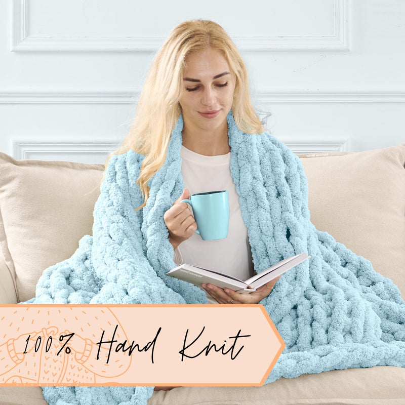 adyrescia chunky knit بطانية رمي | 100 ٪ متماسكة مع Jumbo Chenille Yarn (50 "" X60 "" فاتح الأزرق) - Image 3