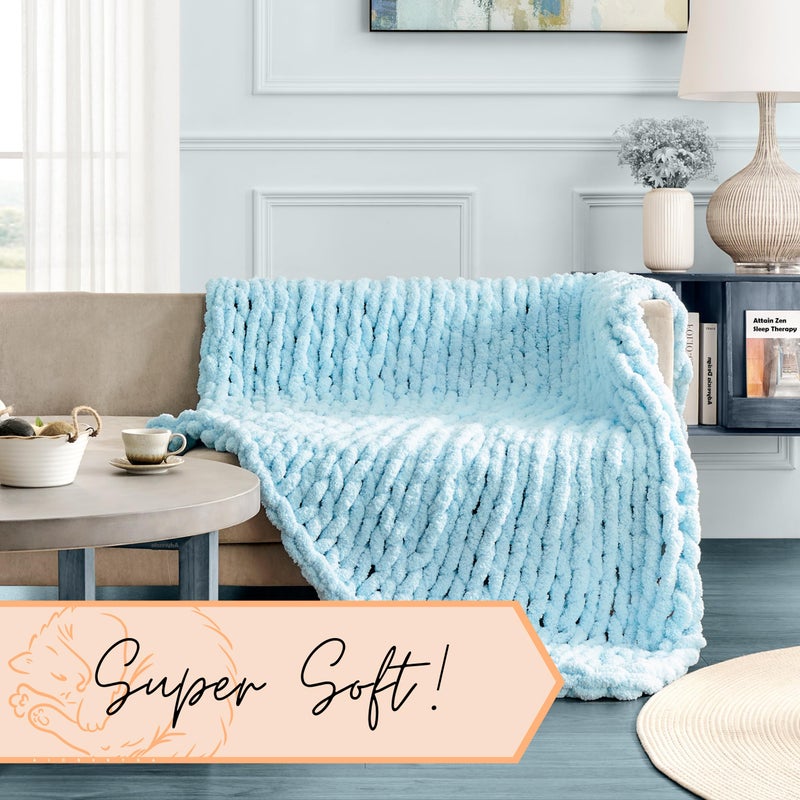 adyrescia chunky knit بطانية رمي | 100 ٪ متماسكة مع Jumbo Chenille Yarn (50 "" X60 "" فاتح الأزرق) - Image 4