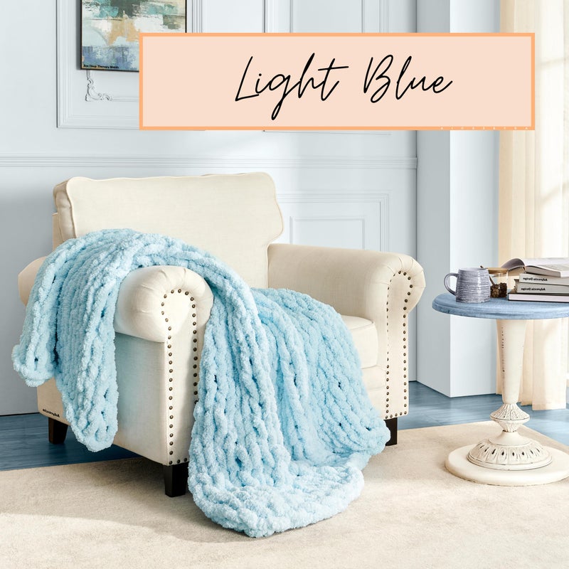 adyrescia chunky knit بطانية رمي | 100 ٪ متماسكة مع Jumbo Chenille Yarn (50 "" X60 "" فاتح الأزرق) - Image 2