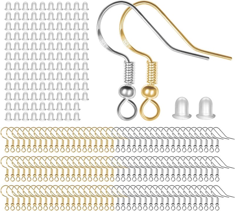 MENKEY 925 Sterling Mixed Earring Hooks 120 PCS/60 Pairs, Ear Wires Fish Hooksfor DIY Jewelry Making, Hypo-allergenic Jewelry Findings Parts with 120 PCS Clear Silicone Earring Backs Stoppers - Image 1