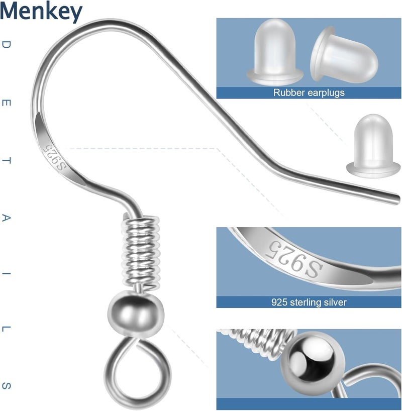 MENKEY 925 Sterling Mixed Earring Hooks 120 PCS/60 Pairs, Ear Wires Fish Hooksfor DIY Jewelry Making, Hypo-allergenic Jewelry Findings Parts with 120 PCS Clear Silicone Earring Backs Stoppers - Image 3