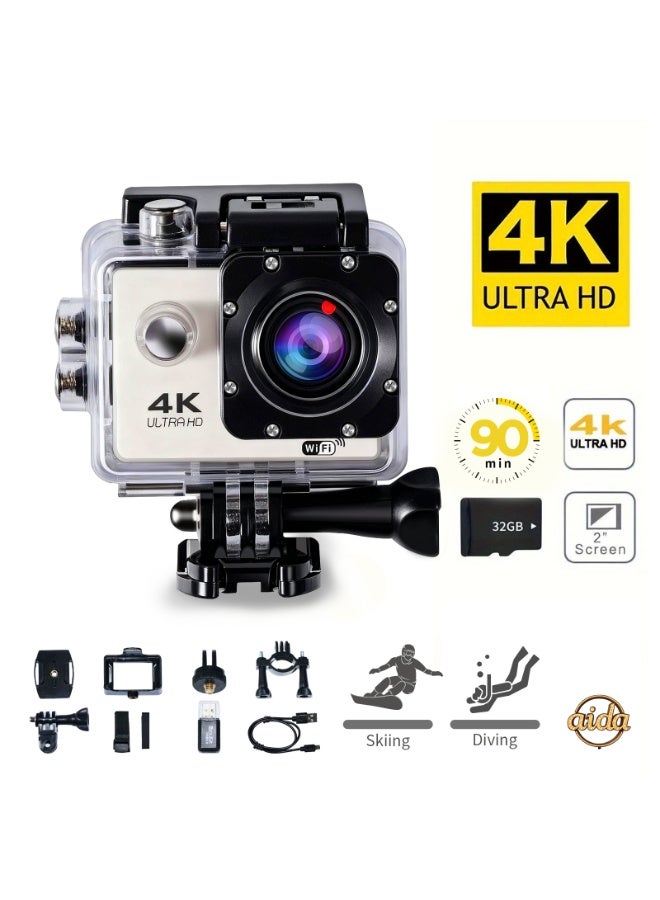 Helmet camera, compact camera, 360-degree panoramic camera, 4K action camera, 1080P action camera (with waterproof housing), mini smart HD waterproof outdoor camera (white with 32GB memory card)