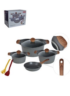 PROCILA 9-Piece Aluminum Cookware Set Grey With Tempered Glass Lid, Soft Touch Wooden Handles, Non-Stick & Granite Coating; Casserole Sizes 20,24,28CM; Frypan Size 24CM; 2PCS Spoons  - Image 2