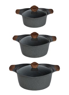 PROCILA 9-Piece Aluminum Cookware Set Grey With Tempered Glass Lid, Soft Touch Wooden Handles, Non-Stick & Granite Coating; Casserole Sizes 20,24,28CM; Frypan Size 24CM; 2PCS Spoons  - Image 3
