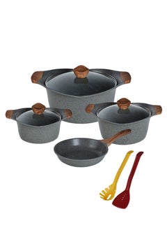 PROCILA 9-Piece Aluminum Cookware Set Grey With Tempered Glass Lid, Soft Touch Wooden Handles, Non-Stick & Granite Coating; Casserole Sizes 20,24,28CM; Frypan Size 24CM; 2PCS Spoons  - Image 1