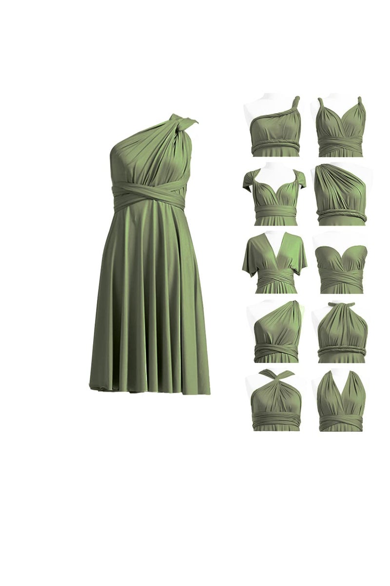 72styles Short Convertible Infinity Dresses Bridesmaid Dresses Knee Length Midi Transformer Multiway Twist Wrap Dresses Gown Olive Green - Image 1