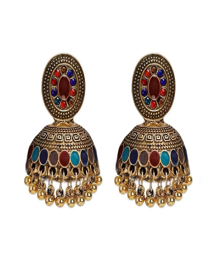 OIDIMS أقراط مرصعة بخرز كروي دائري عتيق للنساء، بتصميم بوهيمي عرقي مستوحى من الطراز القديم، مزينة بكريستال ملون، على شكل ثريا، بتصميم غجري متدلي، أقراط جومكا جومكي، مجوهرات هندية مستوحاة من بوليوود والقبائل، هدية مميزة - Image 1