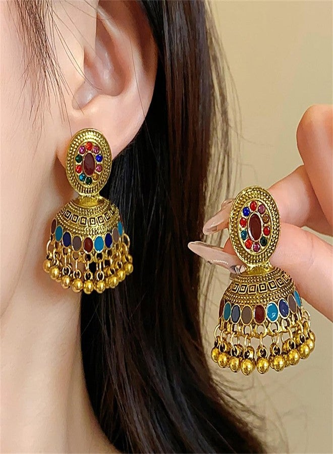 OIDIMS أقراط مرصعة بخرز كروي دائري عتيق للنساء، بتصميم بوهيمي عرقي مستوحى من الطراز القديم، مزينة بكريستال ملون، على شكل ثريا، بتصميم غجري متدلي، أقراط جومكا جومكي، مجوهرات هندية مستوحاة من بوليوود والقبائل، هدية مميزة - Image 5