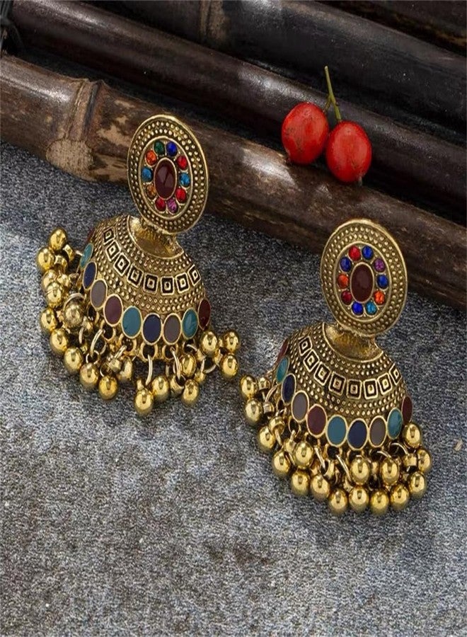 OIDIMS أقراط مرصعة بخرز كروي دائري عتيق للنساء، بتصميم بوهيمي عرقي مستوحى من الطراز القديم، مزينة بكريستال ملون، على شكل ثريا، بتصميم غجري متدلي، أقراط جومكا جومكي، مجوهرات هندية مستوحاة من بوليوود والقبائل، هدية مميزة - Image 4