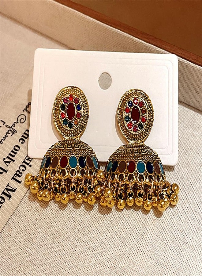 OIDIMS أقراط مرصعة بخرز كروي دائري عتيق للنساء، بتصميم بوهيمي عرقي مستوحى من الطراز القديم، مزينة بكريستال ملون، على شكل ثريا، بتصميم غجري متدلي، أقراط جومكا جومكي، مجوهرات هندية مستوحاة من بوليوود والقبائل، هدية مميزة - Image 2