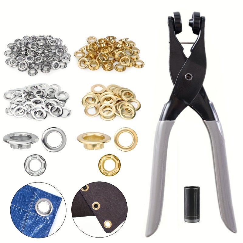 Pliers Grommet Tool Set 10mm 3 8 Inch Eyelet Kit Punching Machine For Tarps Banners Canvas Leather Tents Vinyl Fabric Tarp Wallet Making DIY Craft Golden And Silvery Each 100 - Image 1