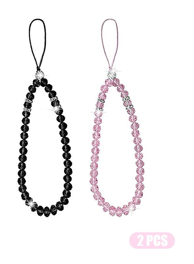 2 Pcs Crystal Beads Cell Phone Lanyard Strap, Bling Short Hand Wrist Lanyard Chain Hanging String for Girl Women Mobile Phone Wristlet Camera Purse (Black+Pink) - Image 1
