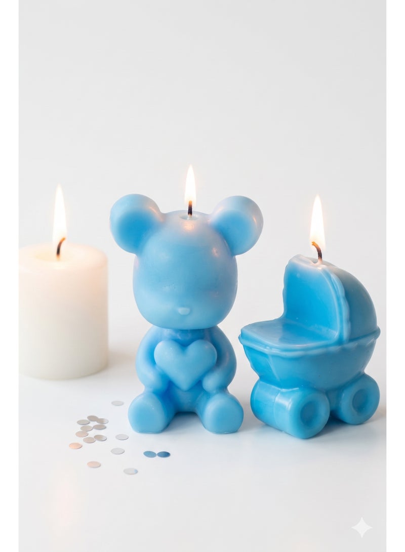 Blue Baby Shower Candles - Each Set Includes Teddy Bear with Baby Stroller Shapes. Get two sets for this offer price
