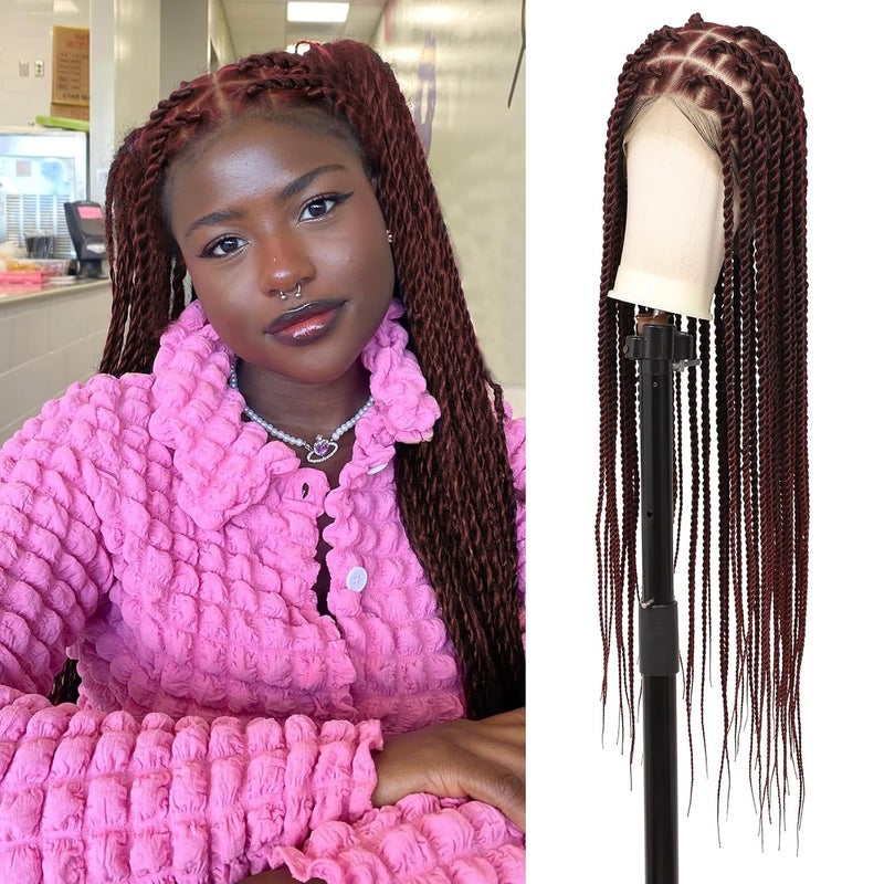 Youthfee Youthfee 36 360 HD Full Lace Braided Wigs Knotless Twist Braided Wig for Women Braided Lace Front Wig Human Hair Blended Long Burgundy Twist Braid wigs with Baby Hair