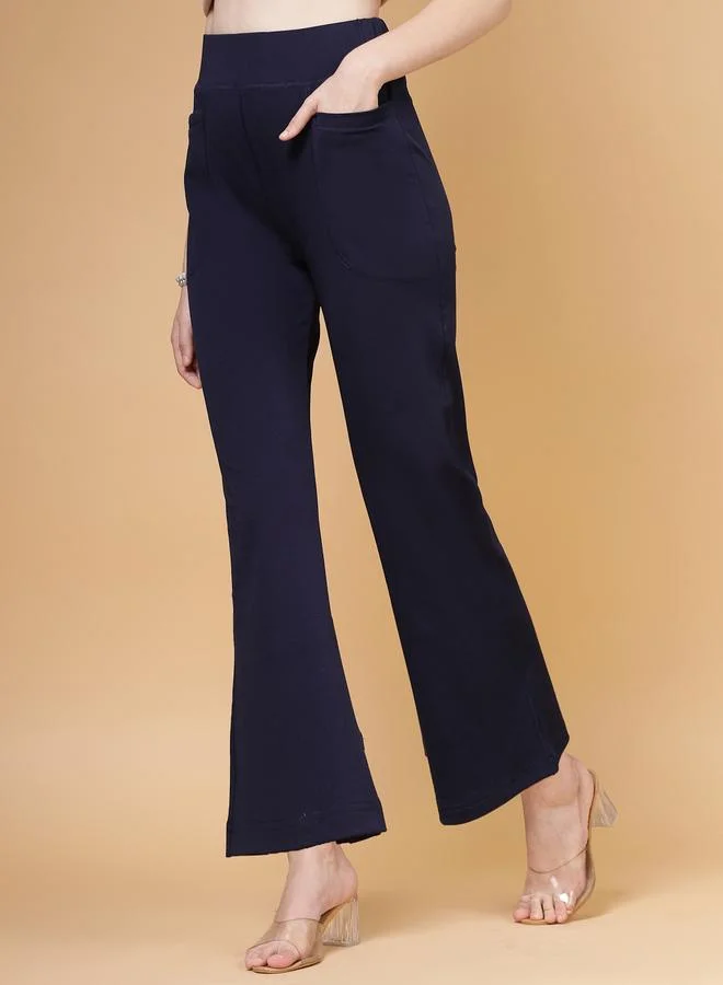 بوز PAUSE Women Navy Blue Solid High Rise Flared Pants with Pockets