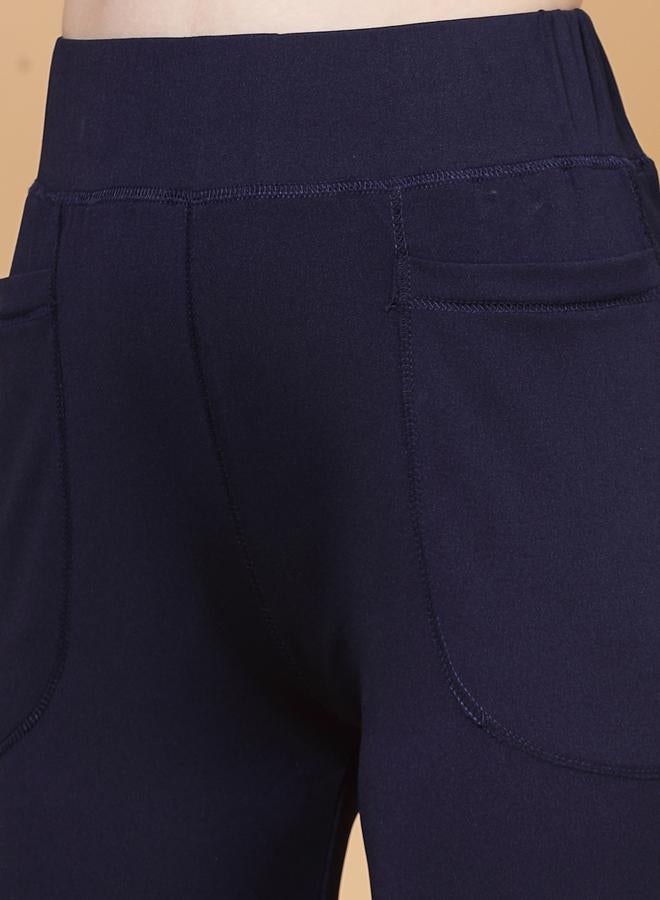 PAUSE PAUSE Women Navy Blue Solid High Rise Flared Pants with Pockets - Image 5