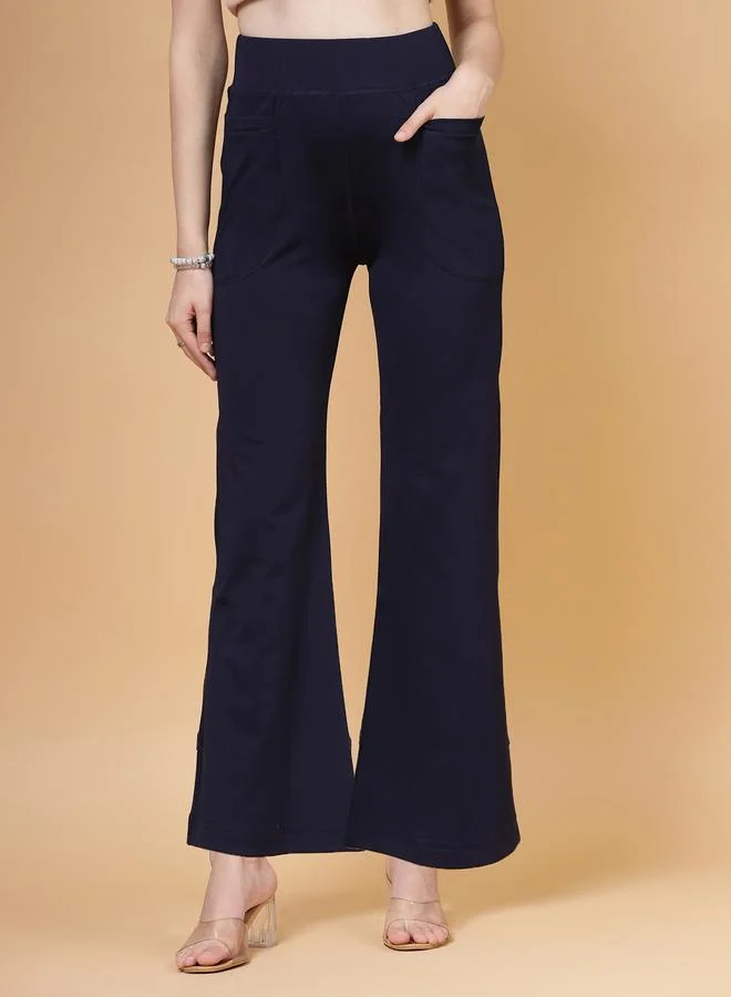 بوز PAUSE Women Navy Blue Solid High Rise Flared Pants with Pockets