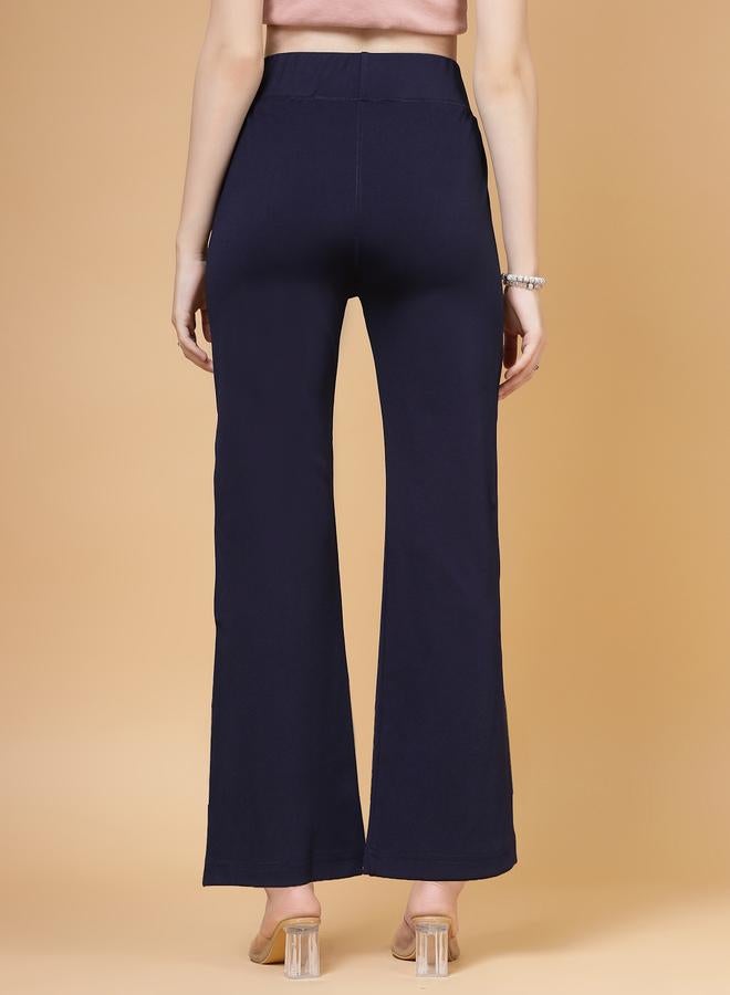 PAUSE PAUSE Women Navy Blue Solid High Rise Flared Pants with Pockets - Image 4