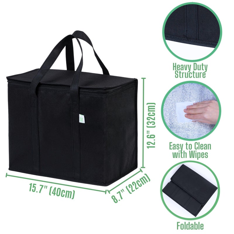 VENO 3 Pack Insulated Reusable Grocery Shopping Bag, Food Delivery, Cooler Bag, Heavy Duty, Large Size, Durable Handles, Dual Tab Zips, Lid, Stands Upright, Collapsible, Sustainable (Black, 3 Pack) - Image 2