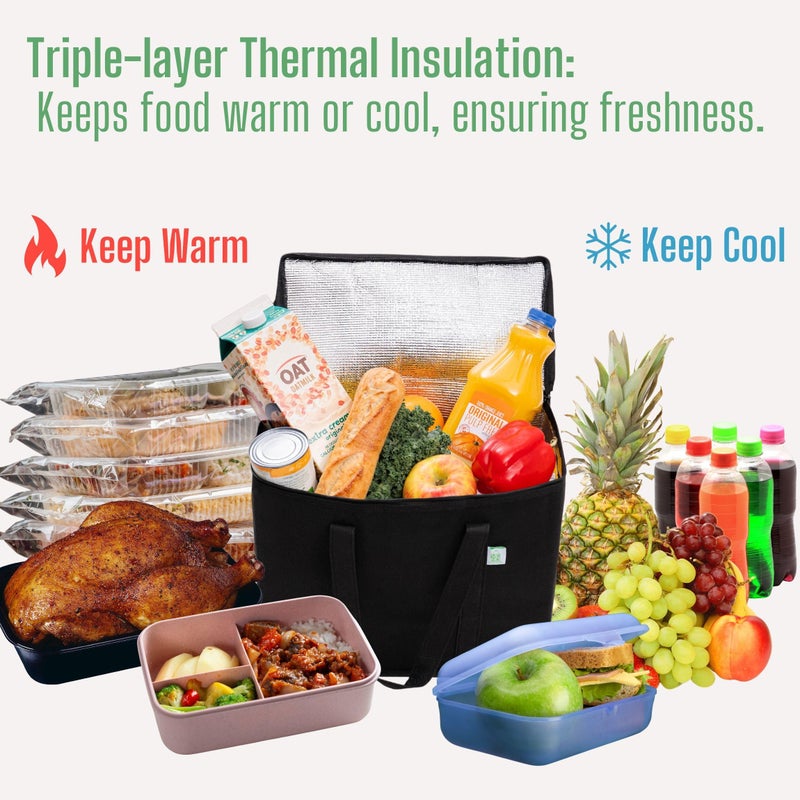 VENO 3 Pack Insulated Reusable Grocery Shopping Bag, Food Delivery, Cooler Bag, Heavy Duty, Large Size, Durable Handles, Dual Tab Zips, Lid, Stands Upright, Collapsible, Sustainable (Black, 3 Pack) - Image 4