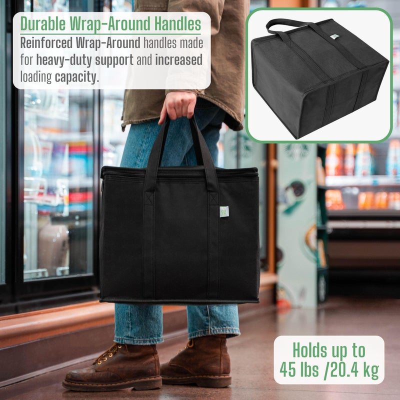 VENO 3 Pack Insulated Reusable Grocery Shopping Bag, Food Delivery, Cooler Bag, Heavy Duty, Large Size, Durable Handles, Dual Tab Zips, Lid, Stands Upright, Collapsible, Sustainable (Black, 3 Pack) - Image 5