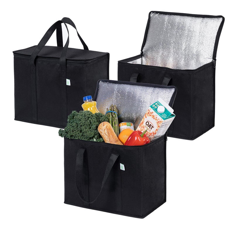 VENO 3 Pack Insulated Reusable Grocery Shopping Bag, Food Delivery, Cooler Bag, Heavy Duty, Large Size, Durable Handles, Dual Tab Zips, Lid, Stands Upright, Collapsible, Sustainable (Black, 3 Pack) - Image 1