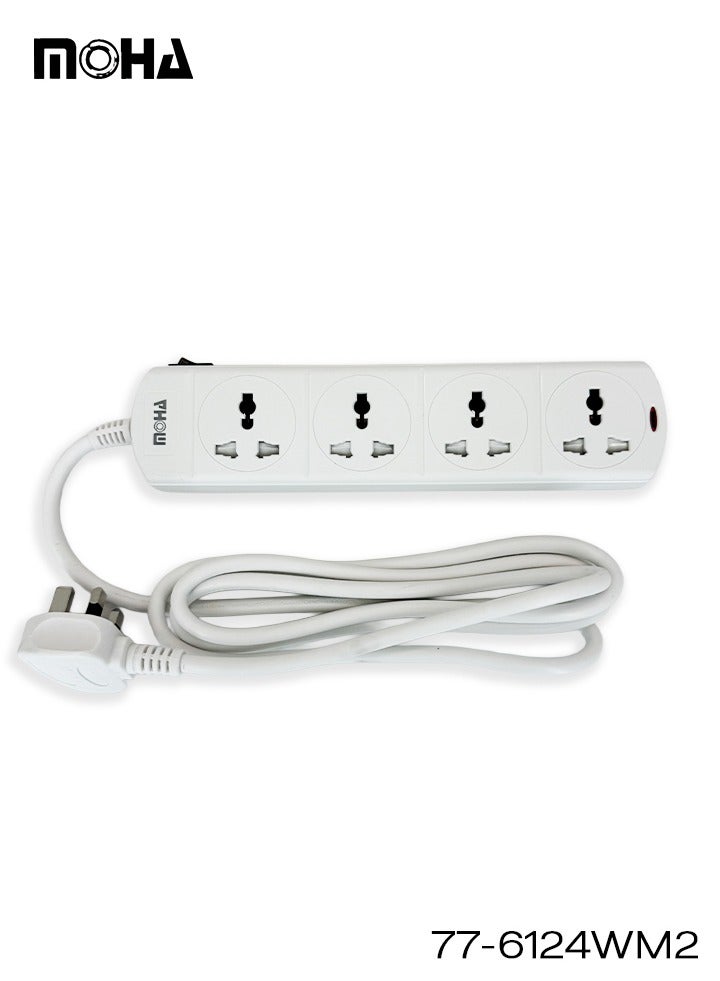 Moha 4-Way Universal Extension Socket – 2 Meter Cable, Single On/Off Switch, Type G UK Plug, 13A 3250W Max, Child-Safe Power Strip for Home & Office - Image 1