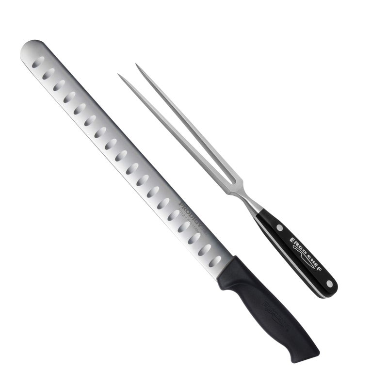 Ergo Chef Prodigy Series 2pc Set 12Inch Slicer  Brisket Roast Carving Knife and Pro Series 8Inch Meat Carving Fork