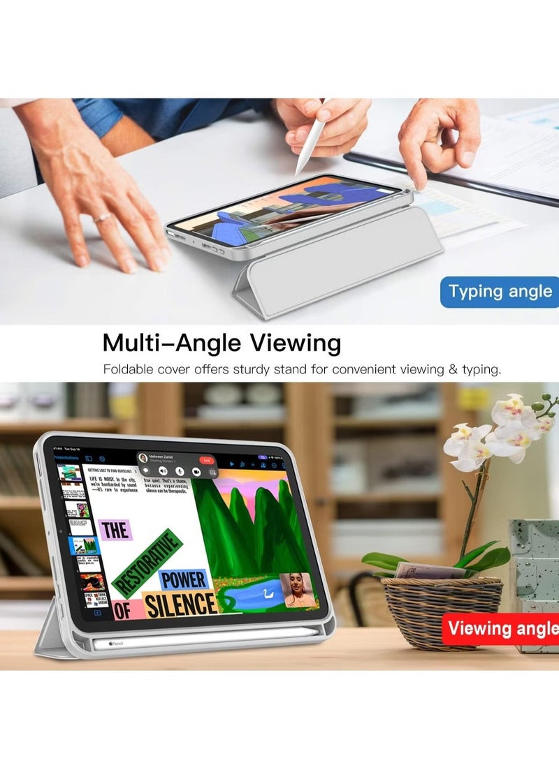 ELTRAZONE iPad Mini 7 Case 2024 – A17 Pro 8.3-Inch 7th Generation Case with Pencil Holder, Trifold Stand, and Soft TPU Back, Silver - Image 3