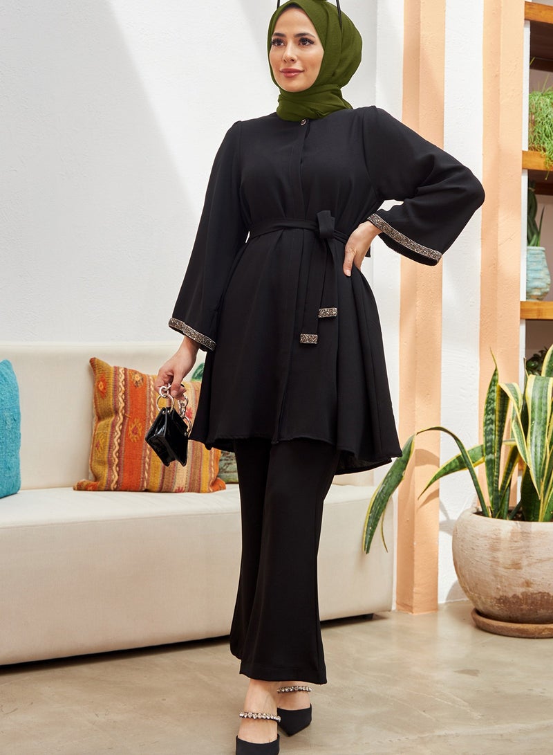 Modest Muslim Women's 2-Piece Set – Rhinestone Cuff & Belt, Loose Tunic Top with Flared Pants | Stylish Outfit for Work & Daily Wear  - Image 1