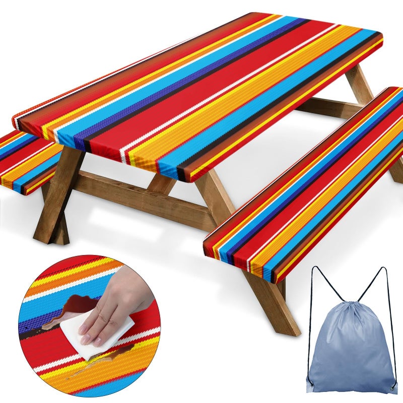 Nesphy Colorful Mexican Picnic Table Cover 3 Piece Set with Bench Covers Red Stripe Camping Essentials Waterproof - Image 1