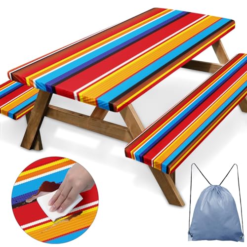 Nesphy Colorful Mexican Picnic Table Cover 3 Piece Set with Bench Covers Red Stripe Camping Essentials Waterproof - Image 2