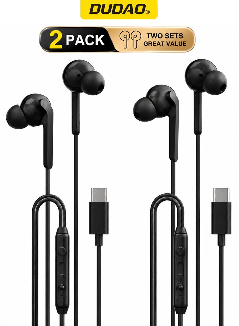 DUDAO 2-Pack Type-C Wired Earphones with Mic, 15mm Dynamic Driver Headphones, 3-Button Control, Soft TPE Cable, Compatible with iPhone 15 & Android – Black - Image 1